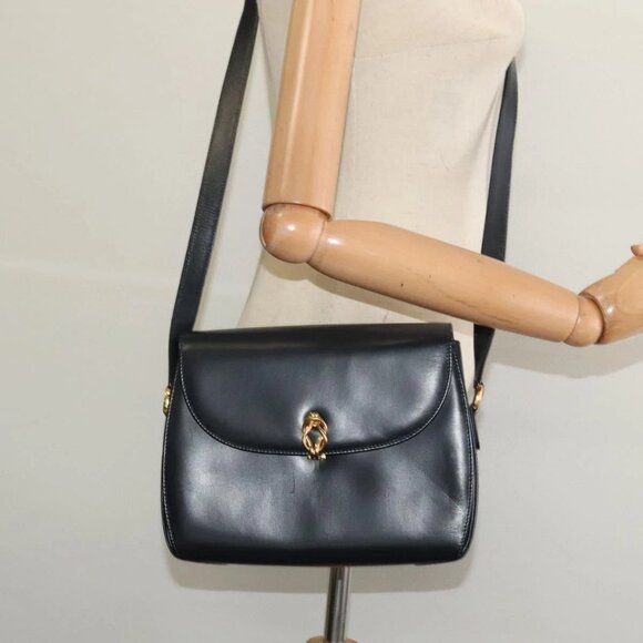 GUCCI Shoulder Bag Leather Navy Gold Auth ep10015 - Picture 1 of 16